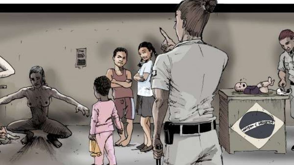 “Nós entramos em um box, eu tiro toda a roupa, tenho que agachar três vezes, abrir minhas partes íntimas para a agente penitenciária, sentar em um banquinho metálico detector de metais, dar uma volta com os braços para cima e às vezes me mandam tossir, fazer força, depende de quem está revistando. Meu filho assiste tudo. Quando preciso abrir minhas partes íntimas, peço para ele virar de costas” (Ilustração: A Pública)