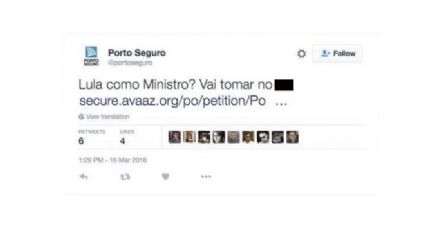 Twitter da Porto Seguro posta mensagem xingando Lula