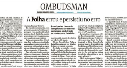 Teoria conspiratória? A crítica da ombudsman da Folha ao ‘sumiço’ das perguntas no Datafolha