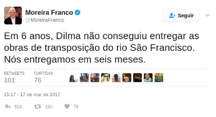 Moreira Franco tenta assumir paternidade da transposição do São Francisco e se dá mal