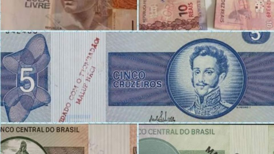 Notas de várias épocas carimbadas. Foto: Reprodução