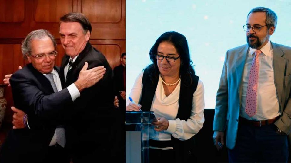 Paulo Guedes com Bolsonaro e Elizabeth Guedes com Abraham Weintraub (Montagem)