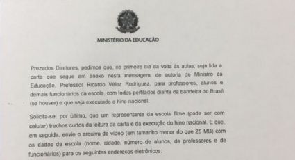 MEC pede que alunos cantem o hino e diretores de escolas leiam carta com slogan de Bolsonaro