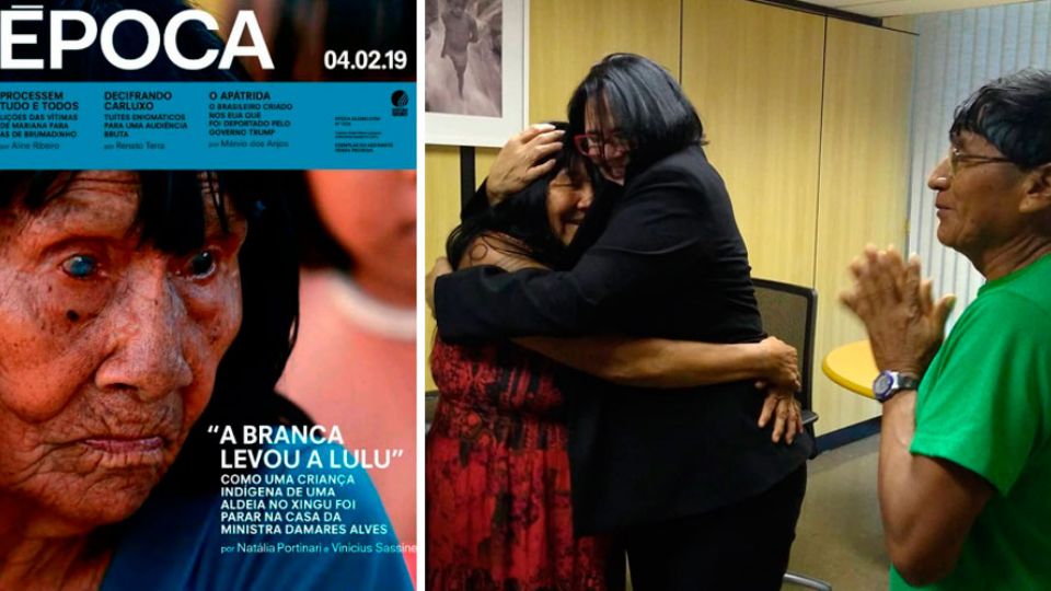 Damares, os pais de Lulu e a capa de Época, com a avó da garota indígena (Reprodução)