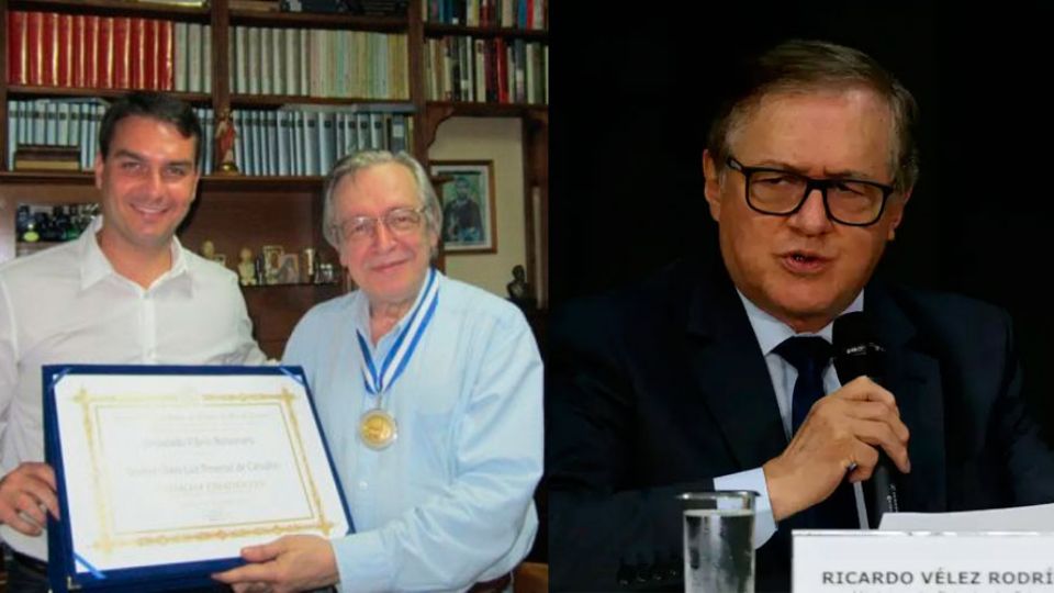 Olavo de Carvalho, com Flavio Bolsonaro, e o ministro Velez Rodriguez (Reprodução)