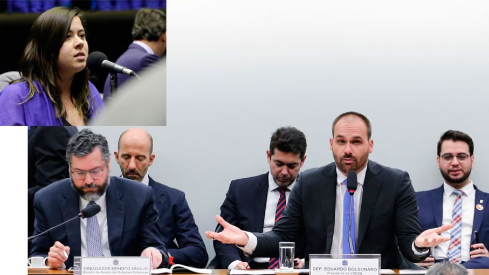 Sãmia (no detalhe) e o ministro de Relações Exteriores, Ernesto Araújo, com o deputado Eduardo Bolsonaro (Montagem/Agência Câmara)
