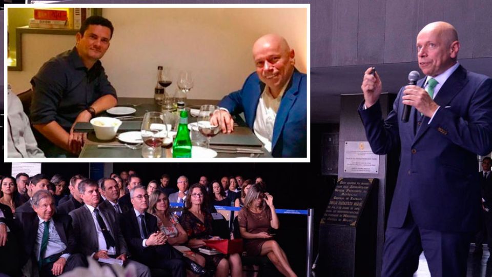 Karnal em palestra no Ministério da Justiça e, no detalhe, a foto com Moro que foi apagada das redes sociais (Reprodução)