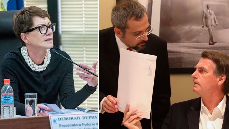 A procuradora Deborah Duprat, Abraham Weintraub, ministro da Educação, e Bolsonaro (Montagem)