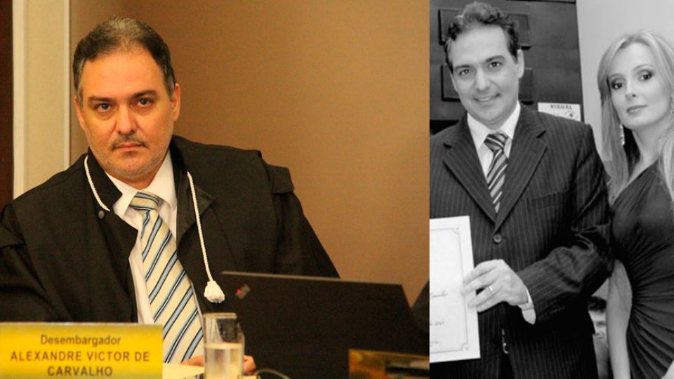 O desembargador do TJMG, Alexandre Victor de Carvalho, no detalhe, em foto com a mulher, Andreza Campos Victor de Carvalho (Reprodução)