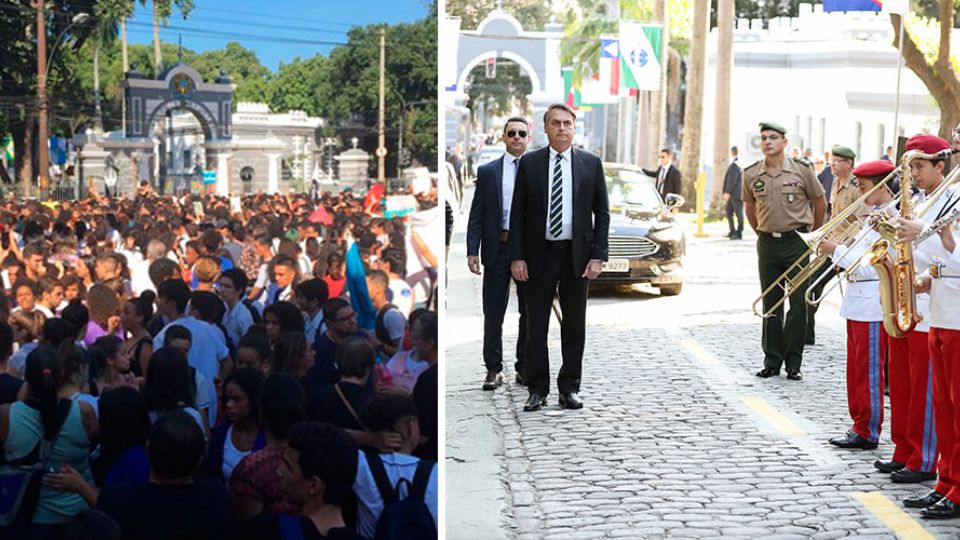 Bolsonaro em visita ao Colégio Militar no Rio. Do lado de fora, protestos contra cortes na educação (Montagem)