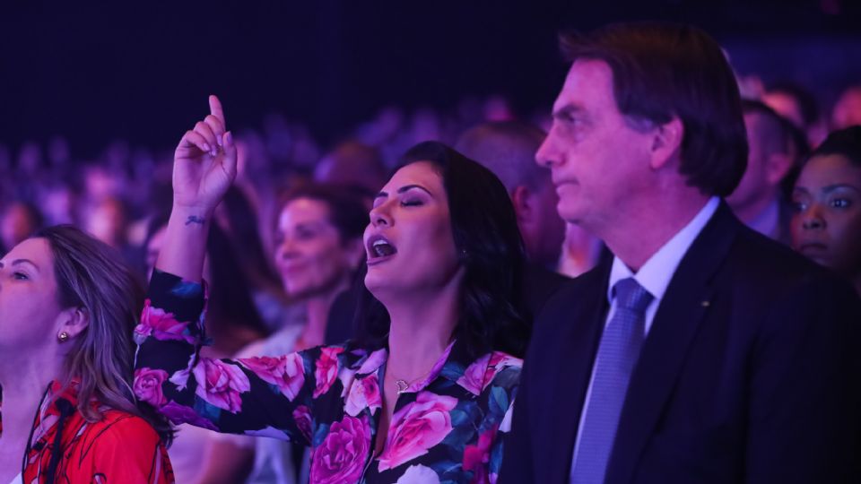 Michelle e Jair Bolsonaro em evento com evangélicos (Foto: Marcos Corrêa/PR)