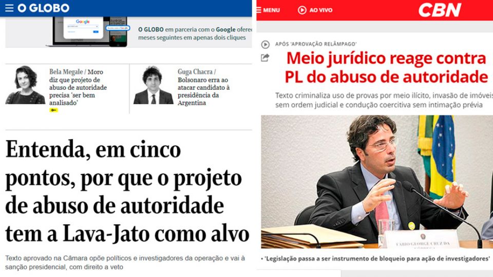 Sites do jornal O Globo e da Rádio CBN com críticas a lei de abuso de autoridade (Reprodução)