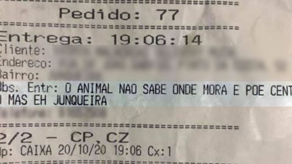 Comanda com ofensa a cliente em São Roque, no interior paulista (Reprodução)