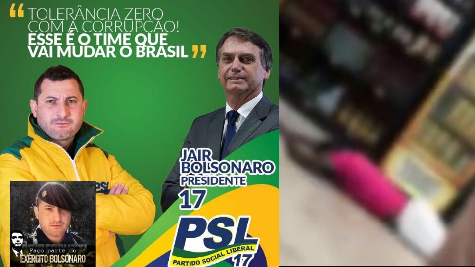 Soldado Pessutti em imagem da campanha a deputado federal e o angolano que desmaiou ao ser espancado (Reprodução)