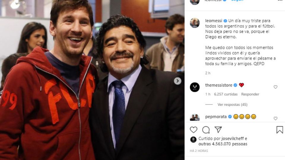 Reprodução da publicação de Messi sobre Maradona (Reprodução Instagram)