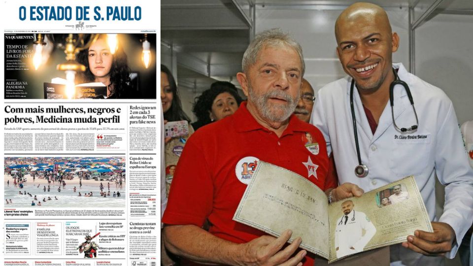 A capa do Estadão, Lula e o médico Cícero Batista, que recolhia seus livros no lixo e estudou Medicina graças ao Prouni (Montagem)