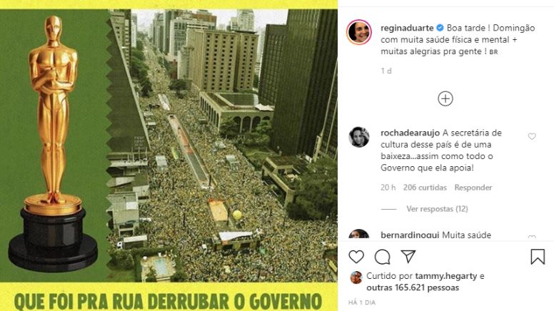 Regina Duarte, ao tripudiar de “Democracia em Vertigem”, se torna igual ou menor do que Roberto Alvim