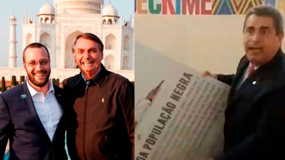 Filipe Barros em viagem à Índia com Bolsonaro e Coronel Tadeu rasgando charge no Congresso (Montagem)