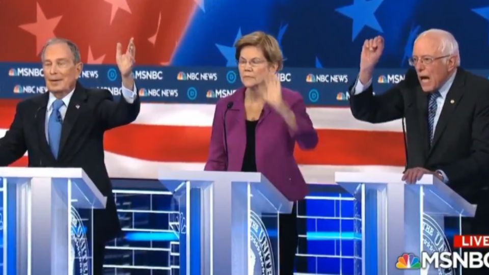 Michael Bloomberg, Elizabeth Warren e Bernie Sanders, em debate da MSNBC (foto: reprodução).
