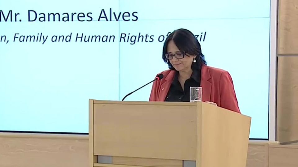 Damares Alves em discurso na reunião do Conselho de Direitos Humanos da ONU (Reprodução)