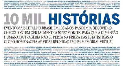 Em capa histórica, jornal O Globo faz memorial gigante aos mais de 10 mil mortos por Covid-19 no Brasil