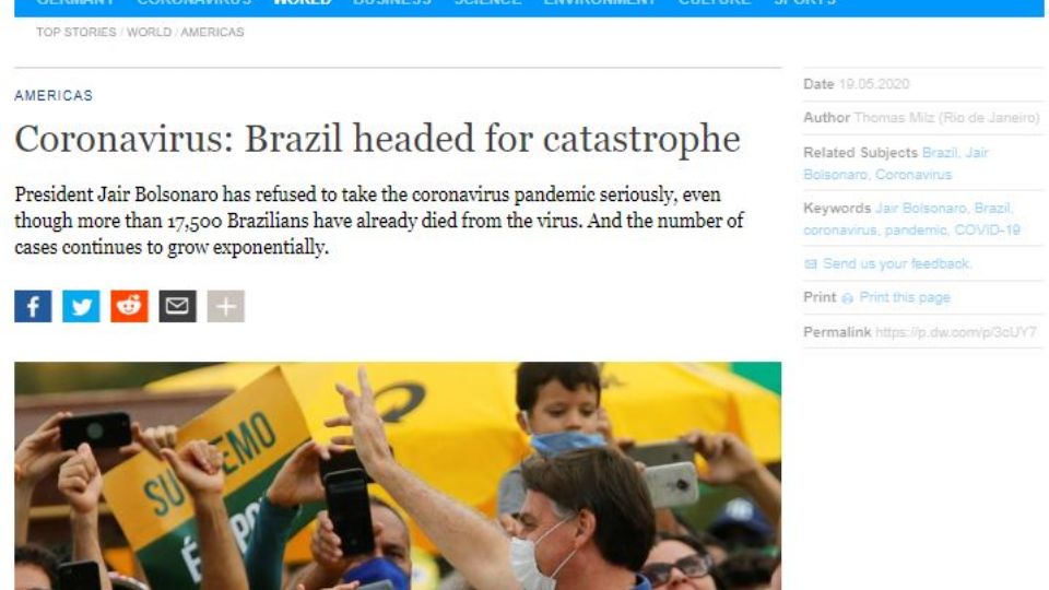 Página do Deutsche Welle destaca recorde negativo do Brasil (foto: reprodução)