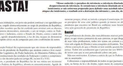 "Basta!": Juristas compram página inteira da Folha e do Estadão para divulgar manifesto contra Bolsonaro