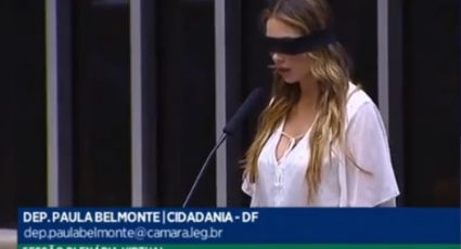 Deputada usa venda na Câmara par fazer discurso sobre justiça, mas deixa fresta para ler texto