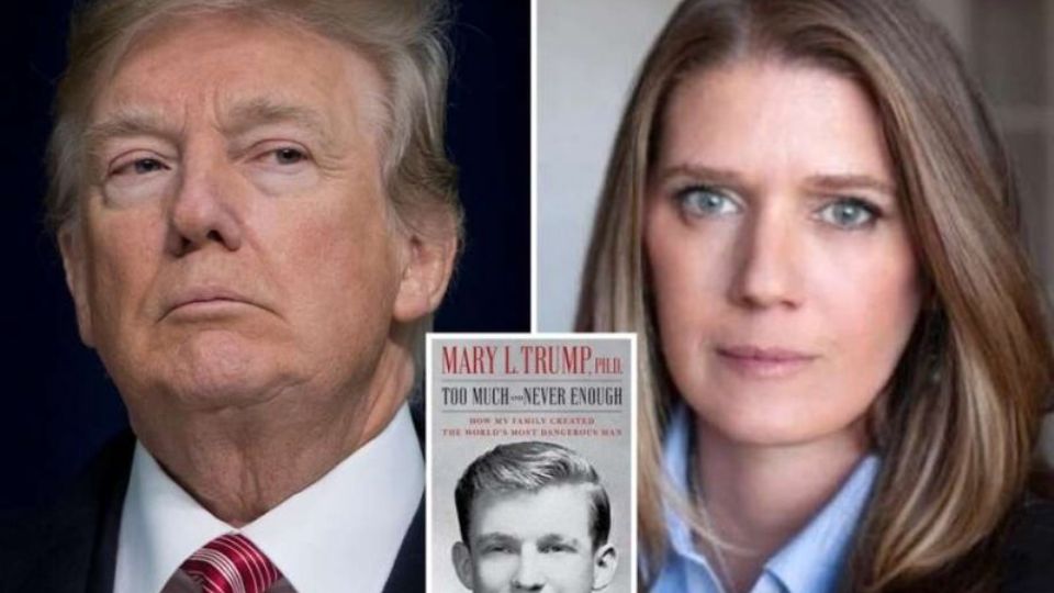 Donald Trump, sua sobrinha, a psicóloga Mary Lea Trump, e a capa do livro escrito por ela (foto: reprodução)