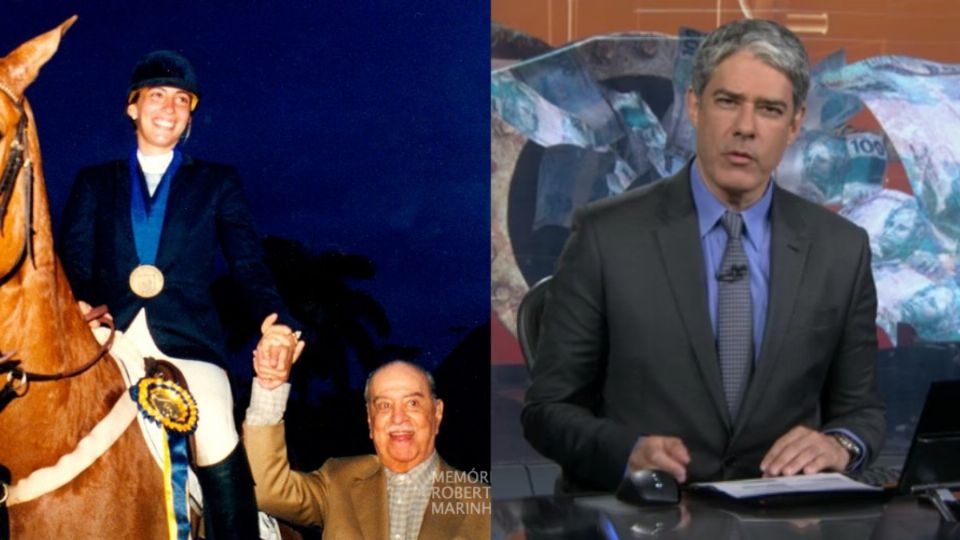 Paula com o avô, Roberto Marinho, e William Bonner no 'propinoduto' do Jornal Nacional (Montagem)