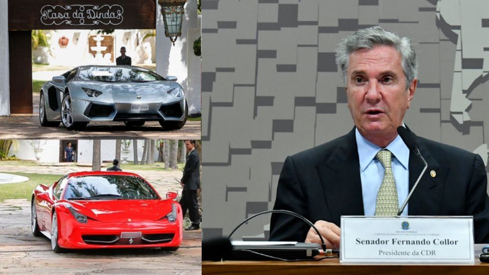 Fernando Collor e a Ferrari e a Lamborghini apreendidas na casa da Dinda (Montagem)