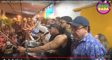 VÍDEO: Juliano Maderada puxa hit "Tá na hora do Jair" com ministros de Lula na festa da Fórum