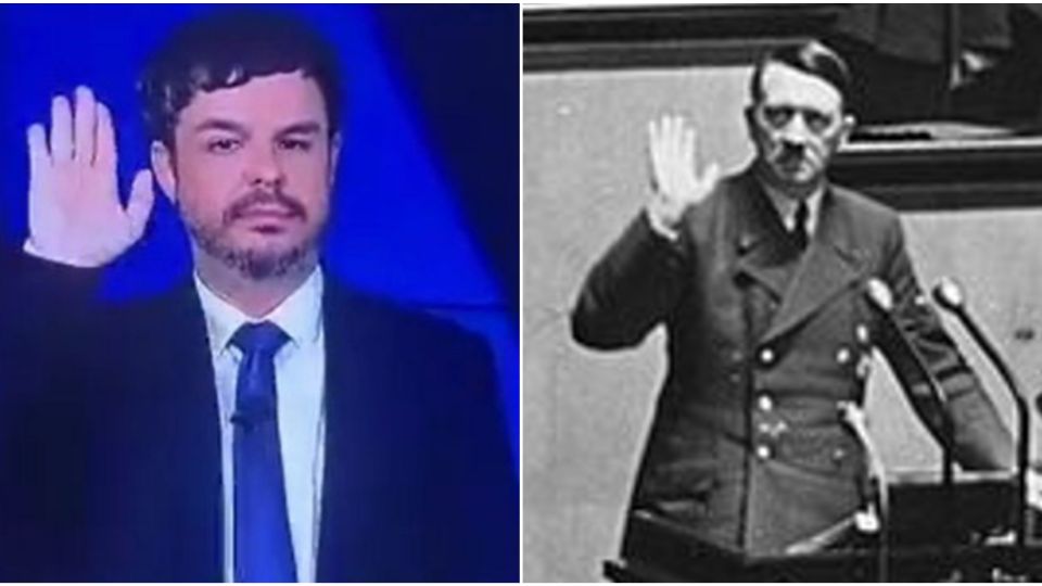 Adrilles faz saudação considerada nazista. Ao lado, Adolf Hitler fazendo o mesmo gesto (Reprodução)