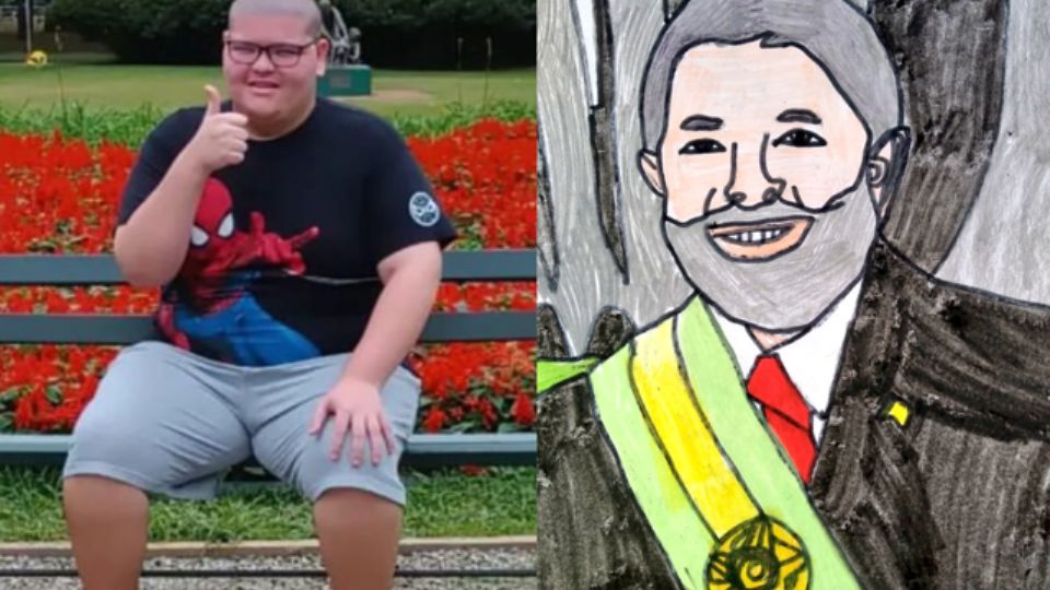 João Pedro e o desenho do ex-presidente Lula