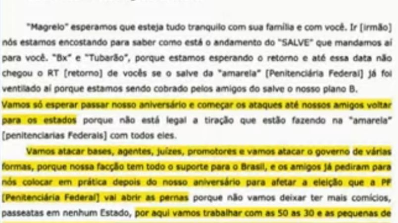 Trecho do “salve” da facção transcrito e transmitido pelo Brasil Urgente. Créditos: Reprodução/Youtube@BrasilUrgente