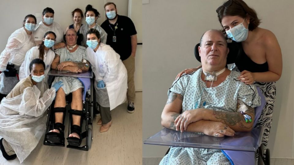 Mingau, do Ultraje a Rigor, aparece em cadeira de rodas ao lado de sua equipe médica e de sua filha.