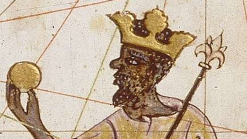 Imagem de um rei sarraceno da África Ocidental, que se acredita ser Mansa Musa, Imperador do Mali. Do Atlas Catalão de 1375, composto pelo cartógrafo Abraham Cresques de Maiorca.