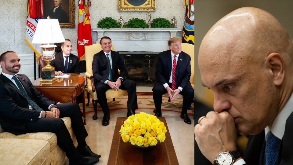 Eduardo e Jair Bolsonaro com Trump e Alexandre de Moraes