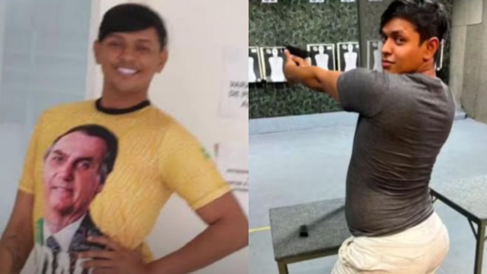 Romario Garcia Rodrigues, conhecido como 'Gay do Bolsonaro', posa vestindo camiseta com a estampa do presidente e aponta arma para alvos em clube de tiro