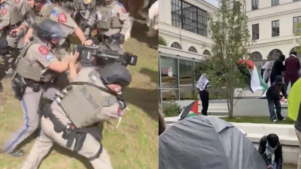 Policiais derrubam e prendem um cinegrafista no Texas; em Paris, acampamento montado no campus.
