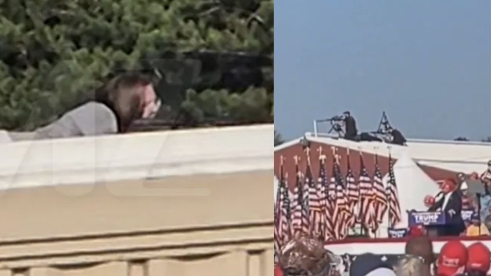 O atirador filmado por um participante do comício e a equipe de contra-atiradores que o matou, postada num teto atrás do candidato.