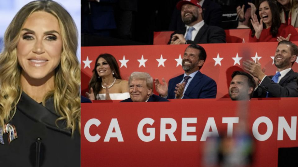 Lara discursa, enquanto Trump tem atrás dele Kimberly, Don Jr. e Eric.