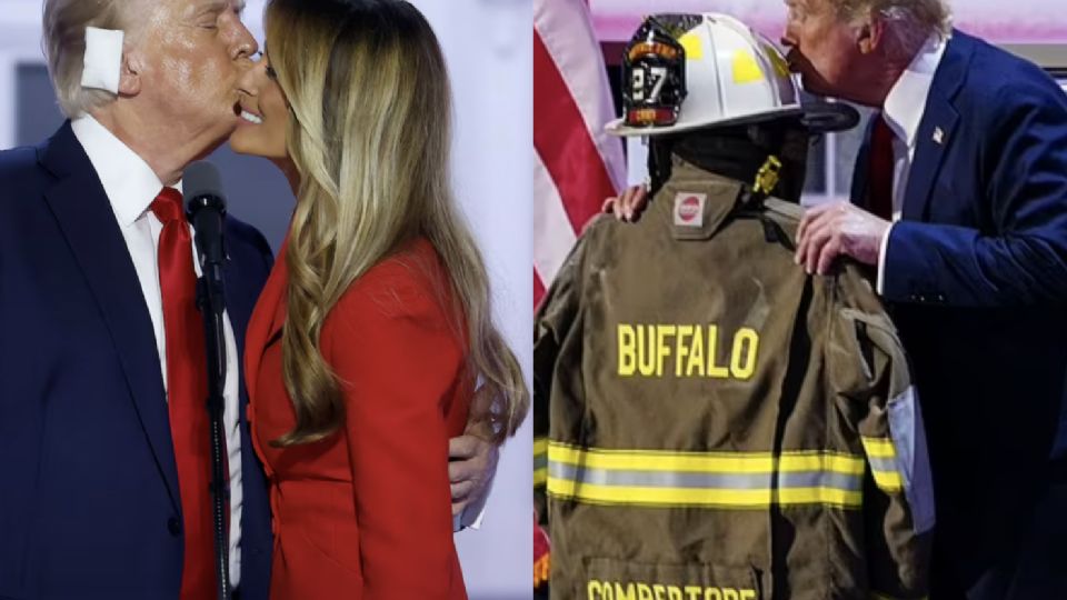 A ex-primeira dama Melania não participou do beijo, que Trump também deu em um capacete.