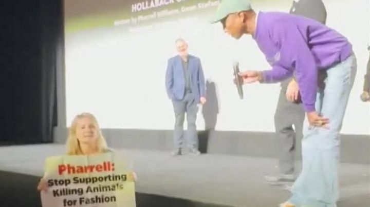 VÍDEO: Pharrell Williams enfrenta protestos de ativista contra uso de pele de animais