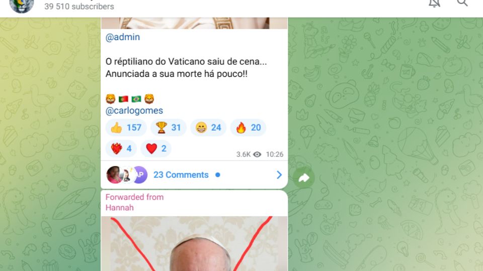 Em grupo de Telegram, bolsonaristas celebram a morte do Papa